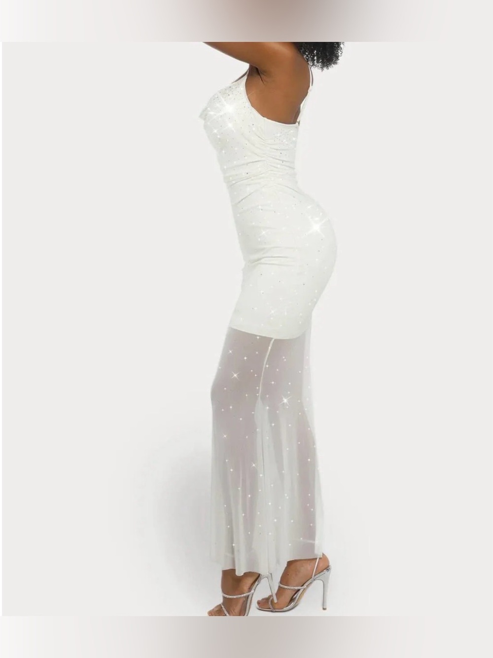 Popilush Elegant White Sheer Mermaid Evening Dress rhinestones accents XL NEW - Picture 4 of 4